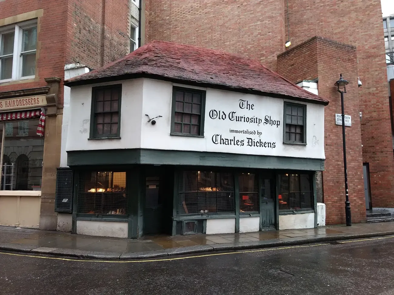 The crooked Tudor-era Old Curiosity Shop building on Portsmouth Street in London
