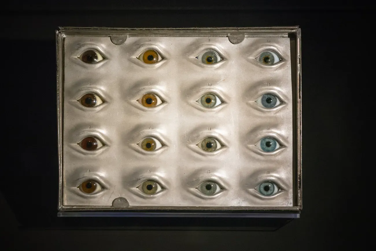 Display of ocular prostheses and glass eyes at the Science Museum in London