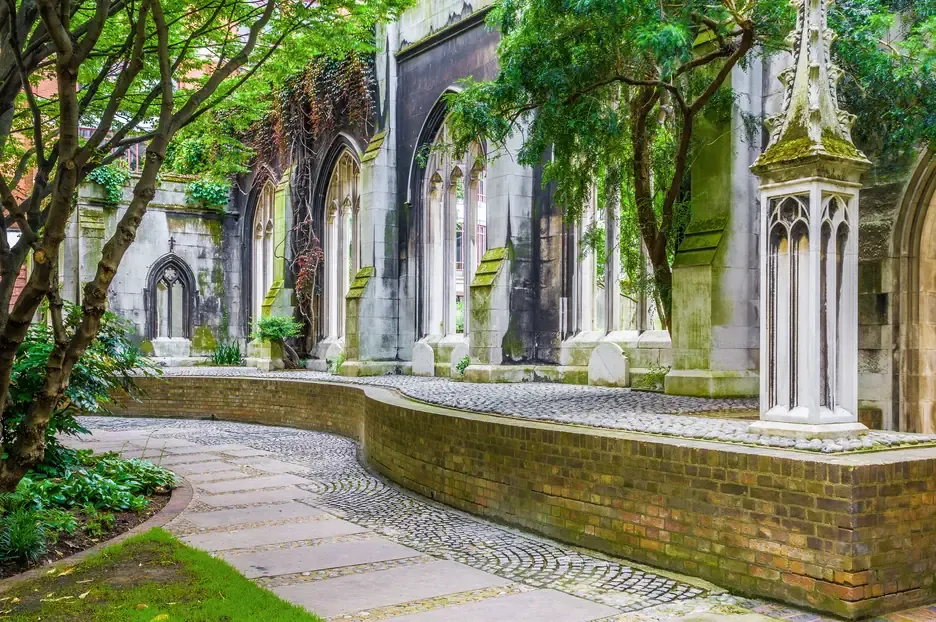 The ruined church garden of St Dunstan-in-the-East in London