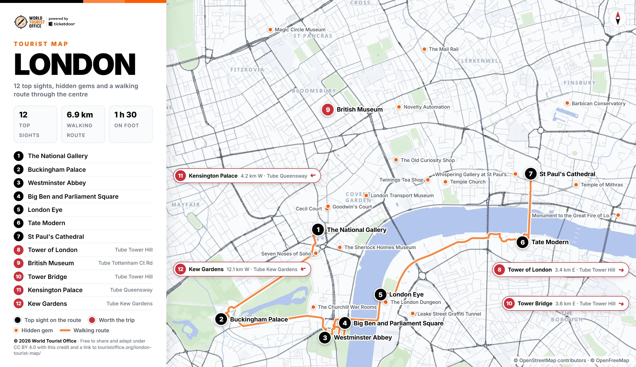 London tourist map with 12 numbered top sights, hidden gems and a walking route