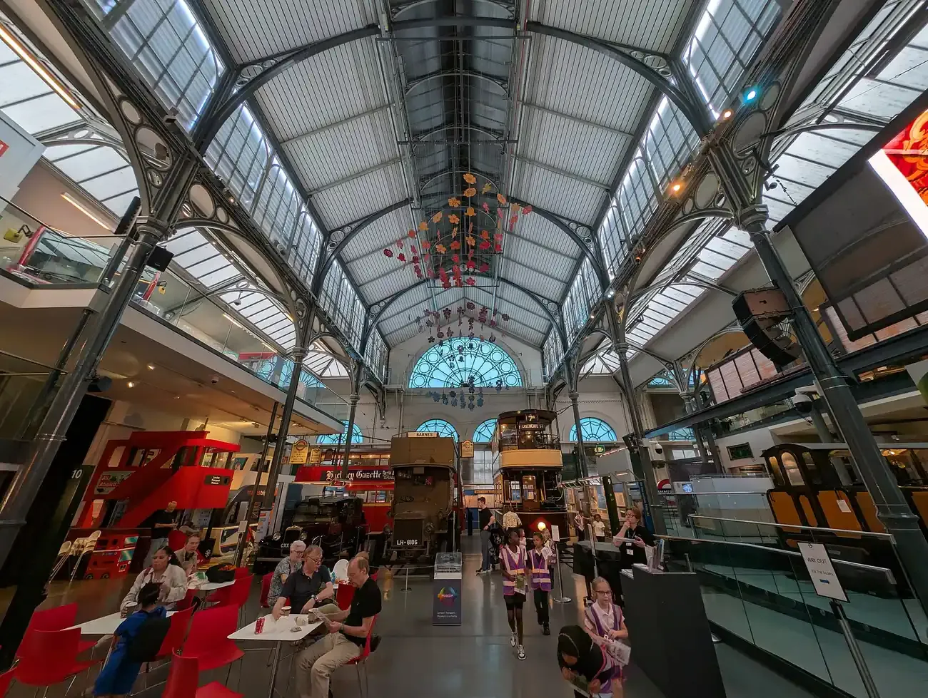 Historic buses and trams inside the London Transport Museum at Covent Garden