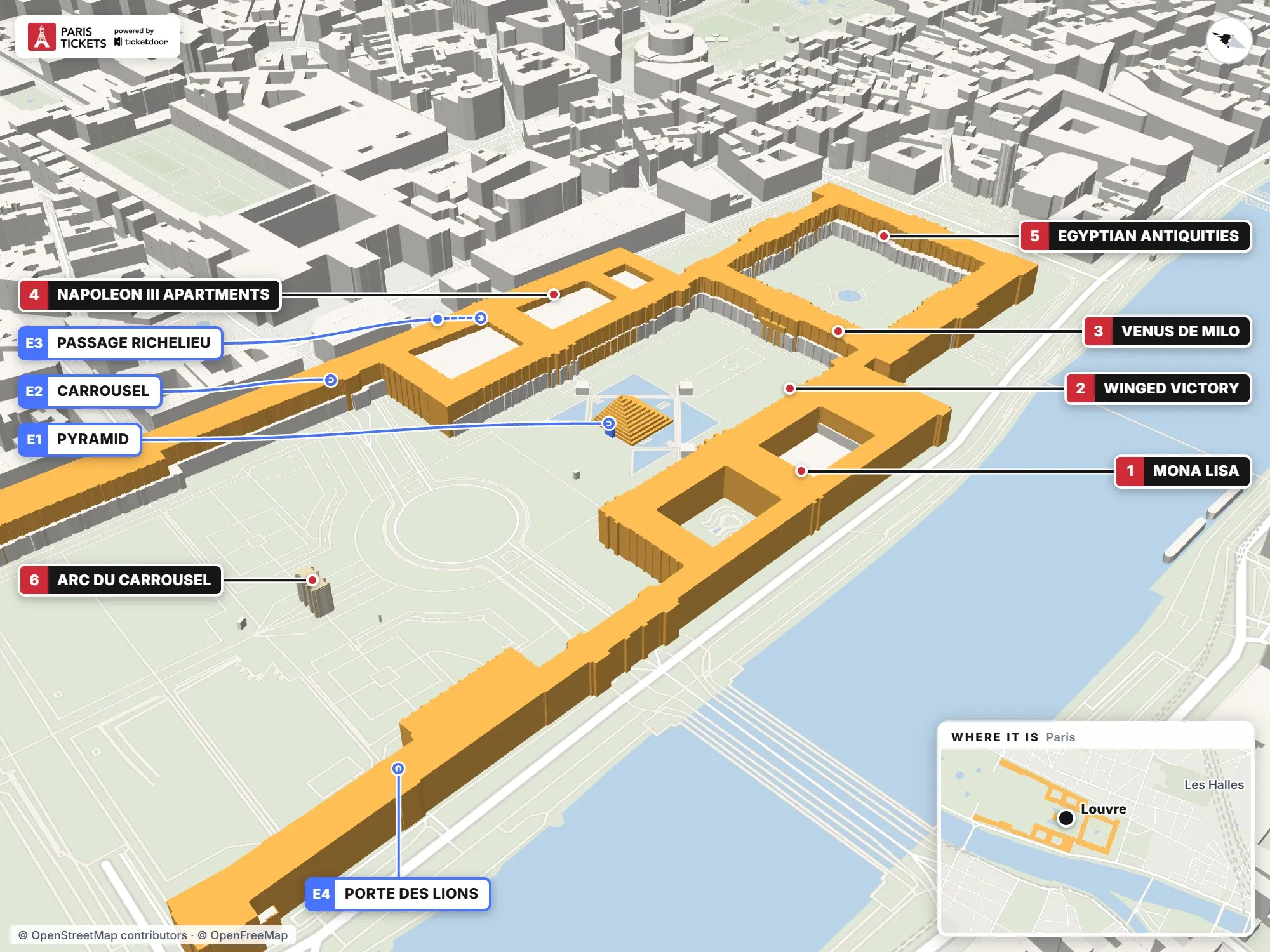 3D map of the Louvre Museum in Paris with its entrances and highlights numbered