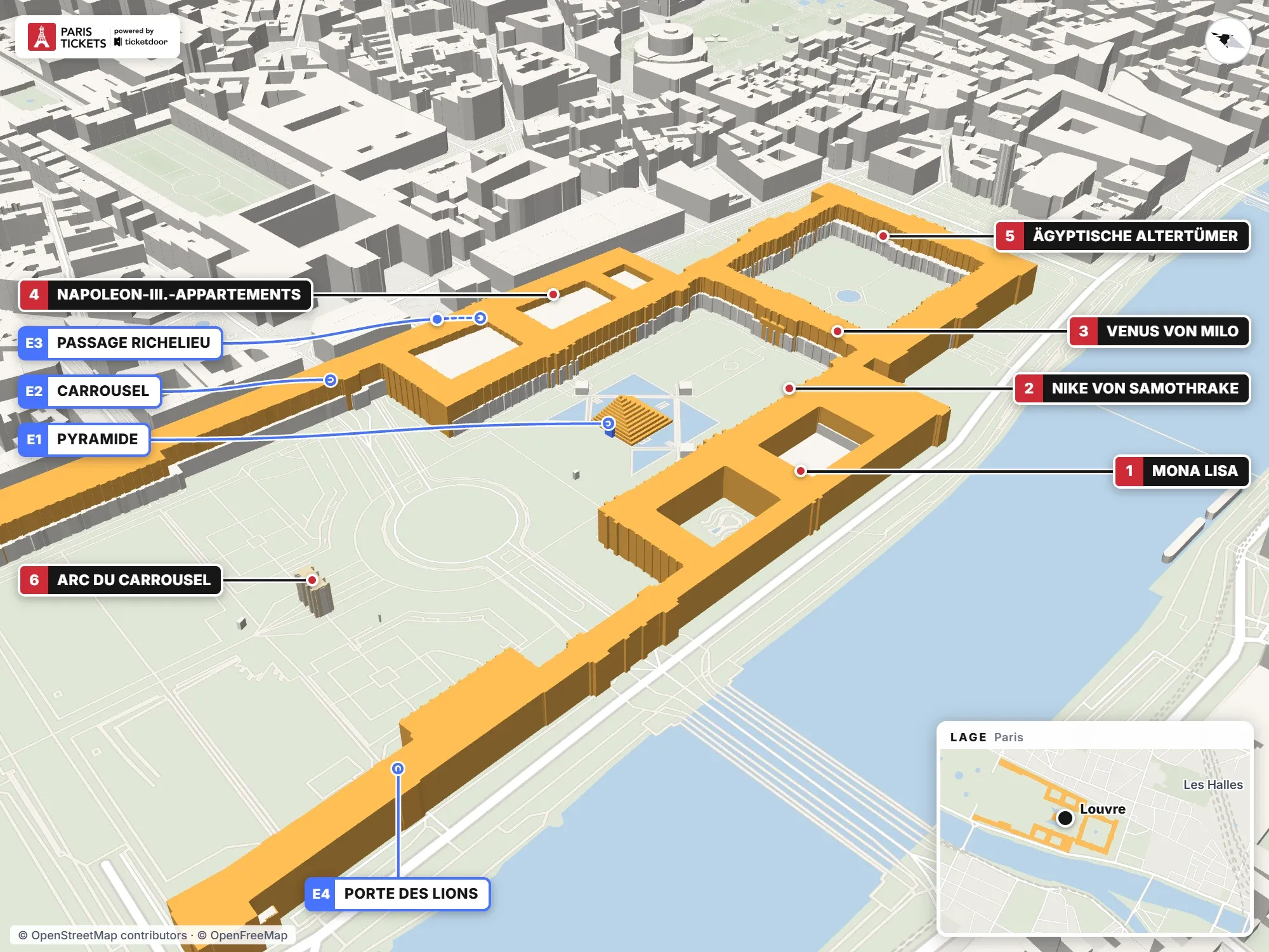 3D-Plan des Louvre-Museums in Paris mit nummerierten Eingängen und Sehenswürdigkeiten