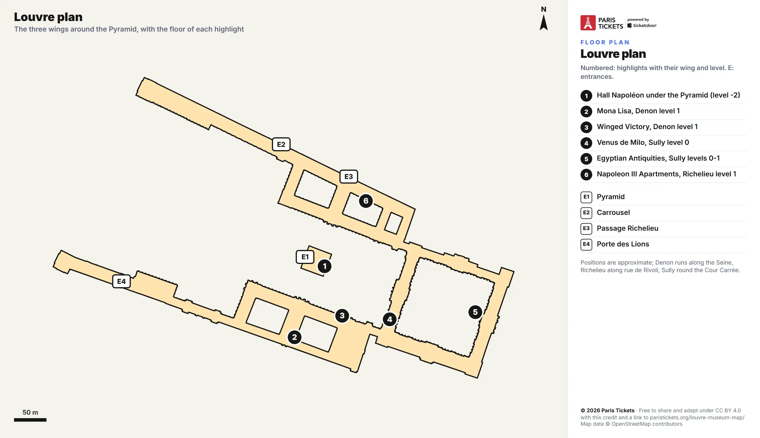 Floor plan of the Louvre Museum with the three wings