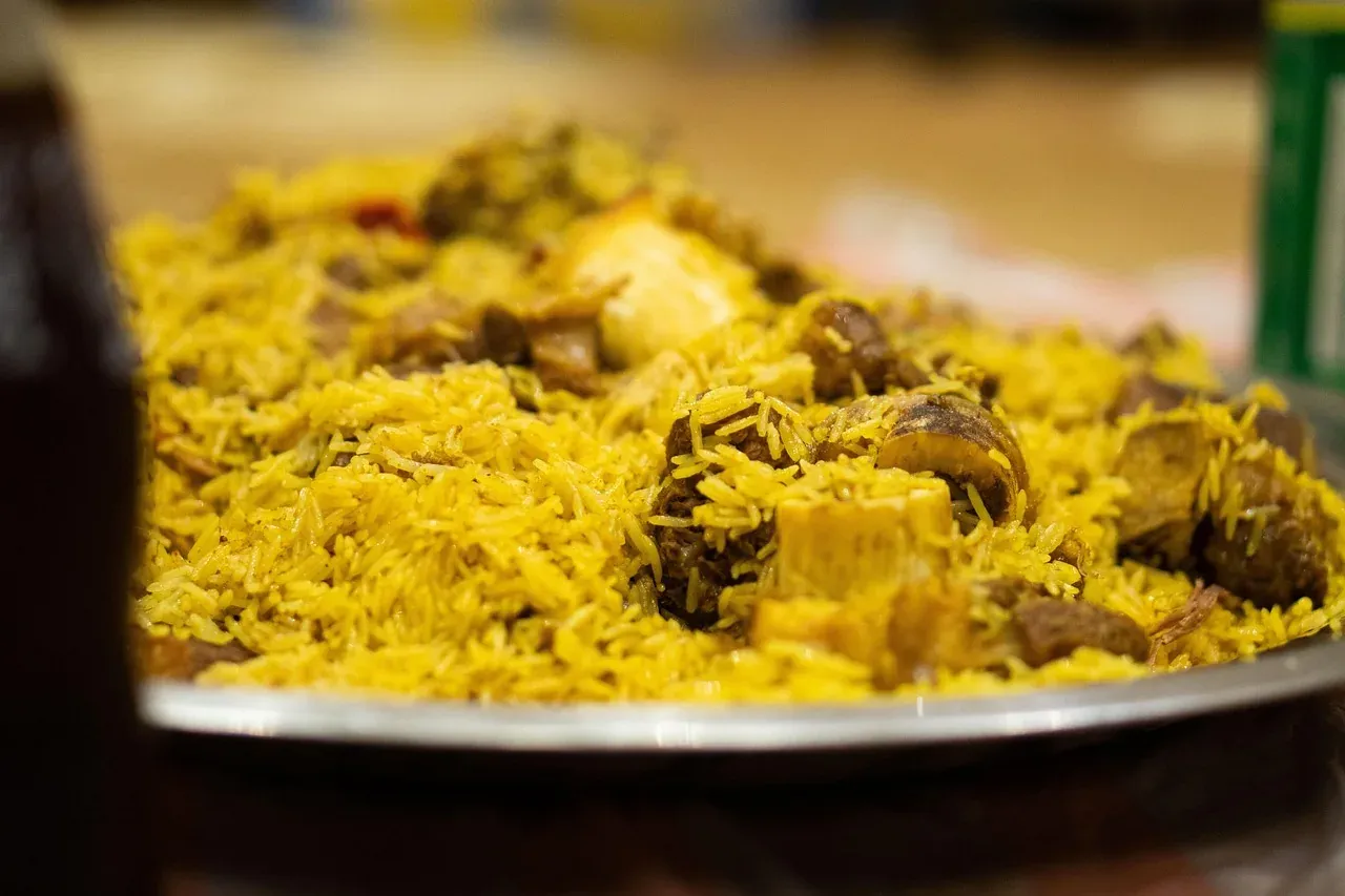 A platter of spiced rice with meat, the Emirati dish machboos