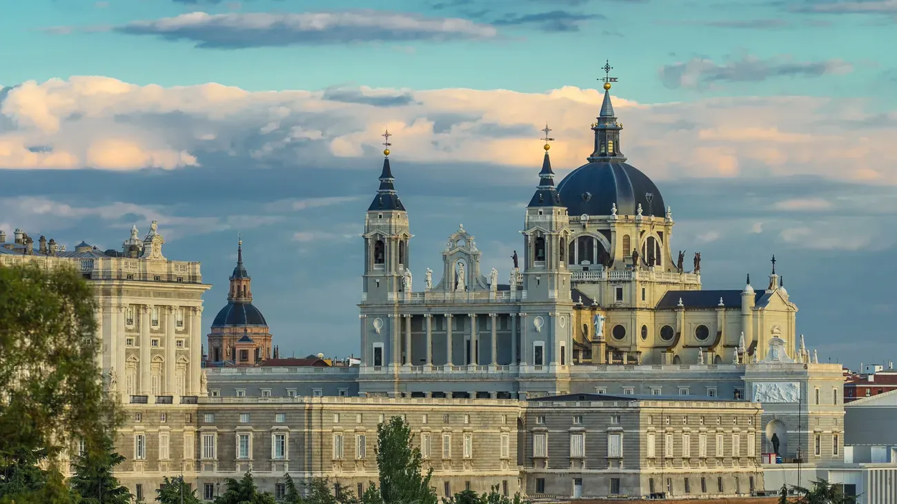 Skyline of the Almudena Cathedral and the Royal Palace at sunset, Madrid
