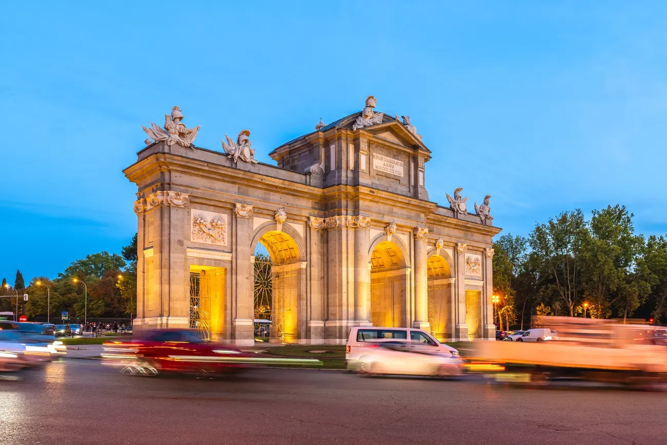 The Puerta de Alcala gate on Plaza de la Independencia in the evening, Madrid