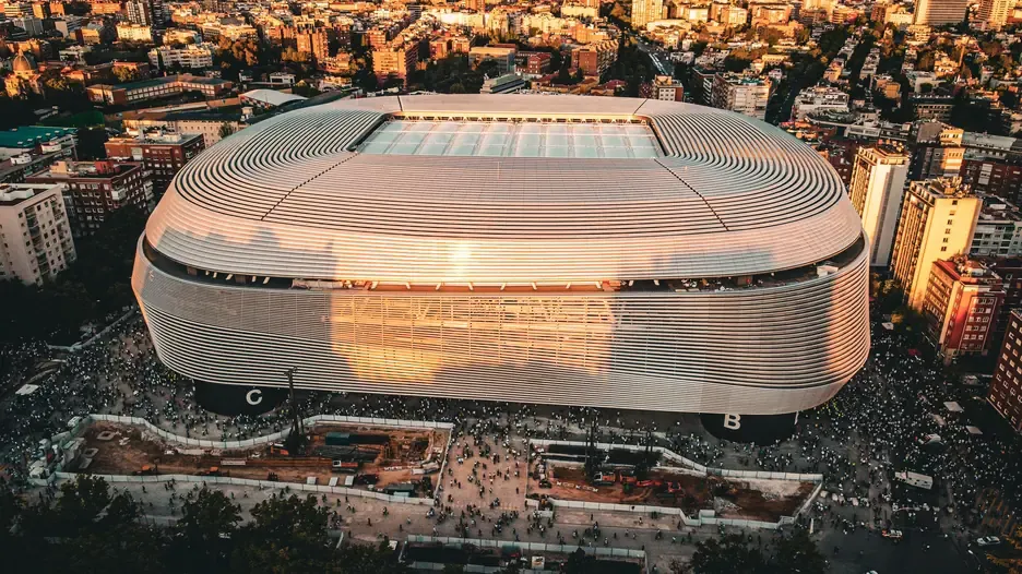 An aerial view of the renovated Santiago Bernabeu stadium in Madrid