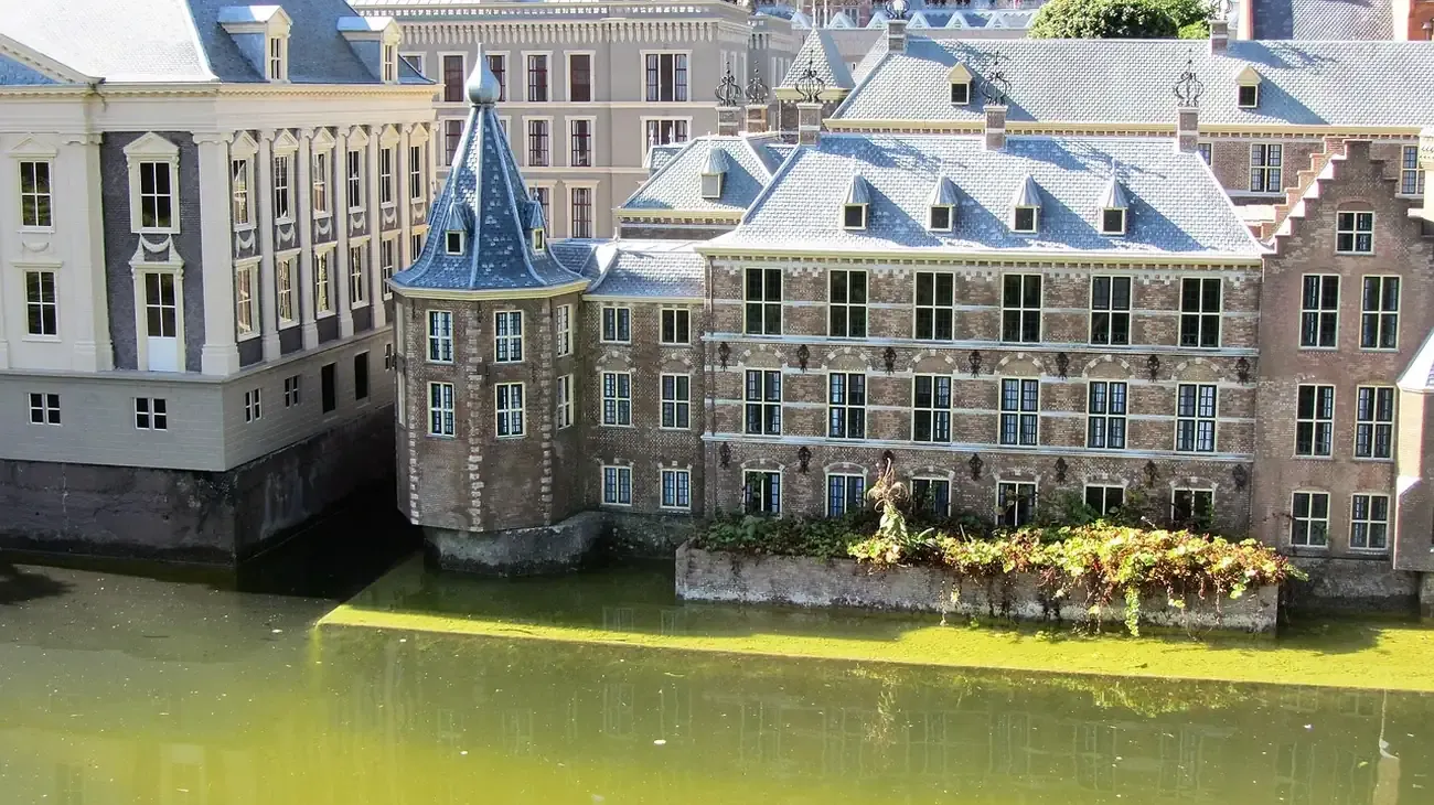 Miniature models of the Binnenhof and its court pond at Madurodam in The Hague