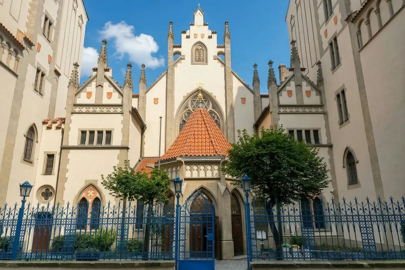 The white neo-Gothic facade of the Maisel Synagogue in Prague