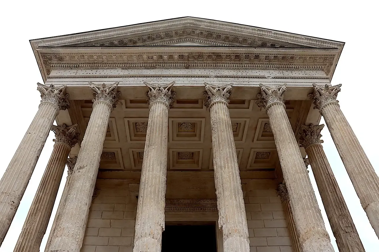 The Corinthian portico of the Maison Carree Roman temple in Nimes, France