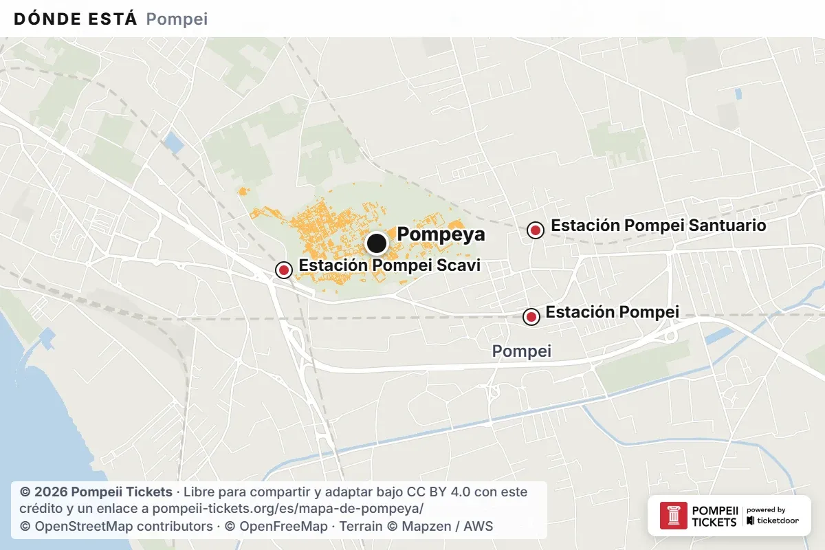 Mapa de ubicación del yacimiento arqueológico de Pompeya en Pompei