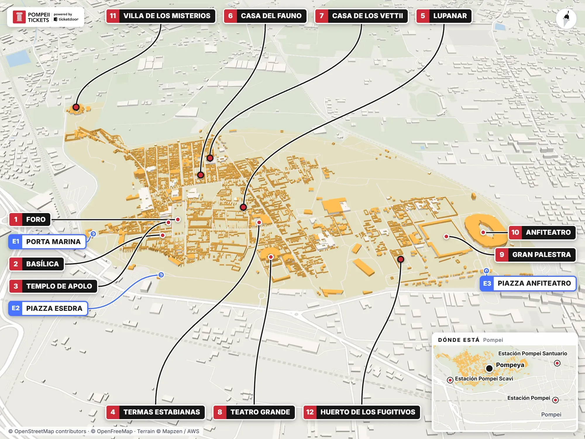 Mapa 3D de las excavaciones de Pompeya con las tres entradas y los principales lugares numerados