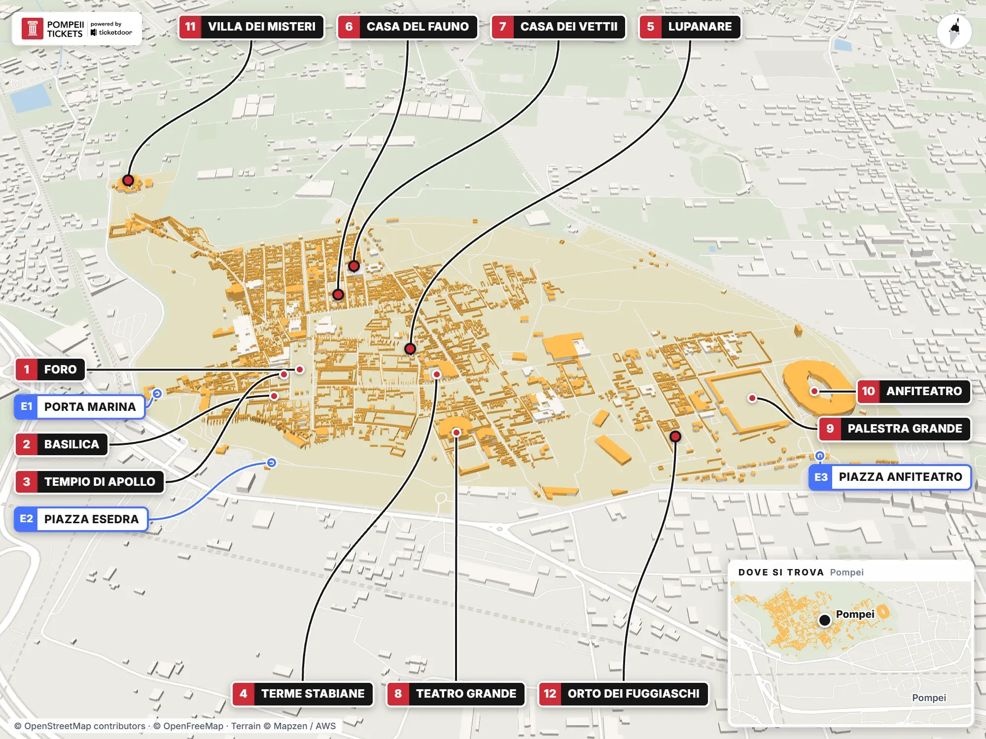 Mappa 3D degli scavi di Pompei con i tre ingressi e i luoghi principali numerati