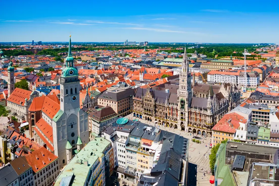 Aerial view of Marienplatz with the New Town Hall and the tower of St Peter's Church in Munich