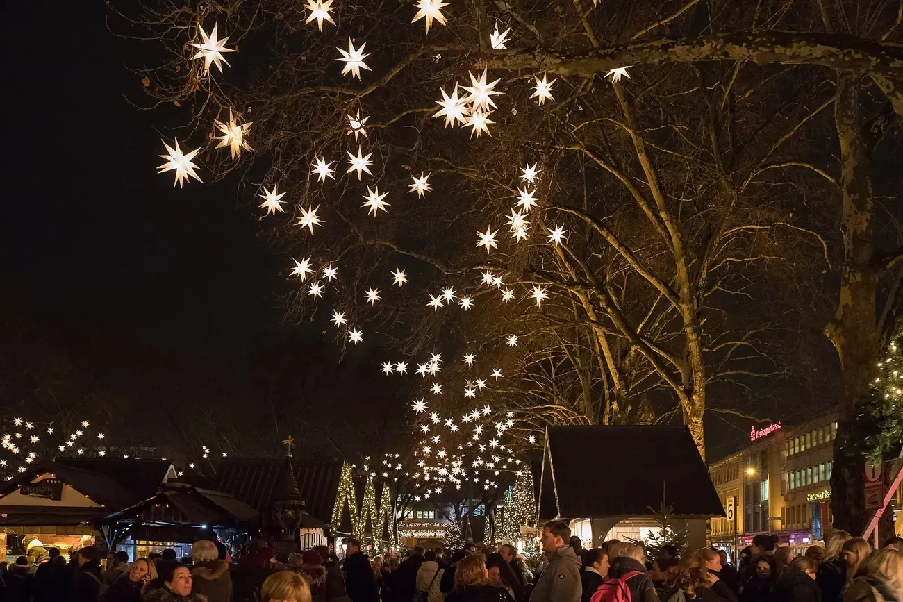 Star lights in the trees above the Market of Angels on Neumarkt at night, Cologne