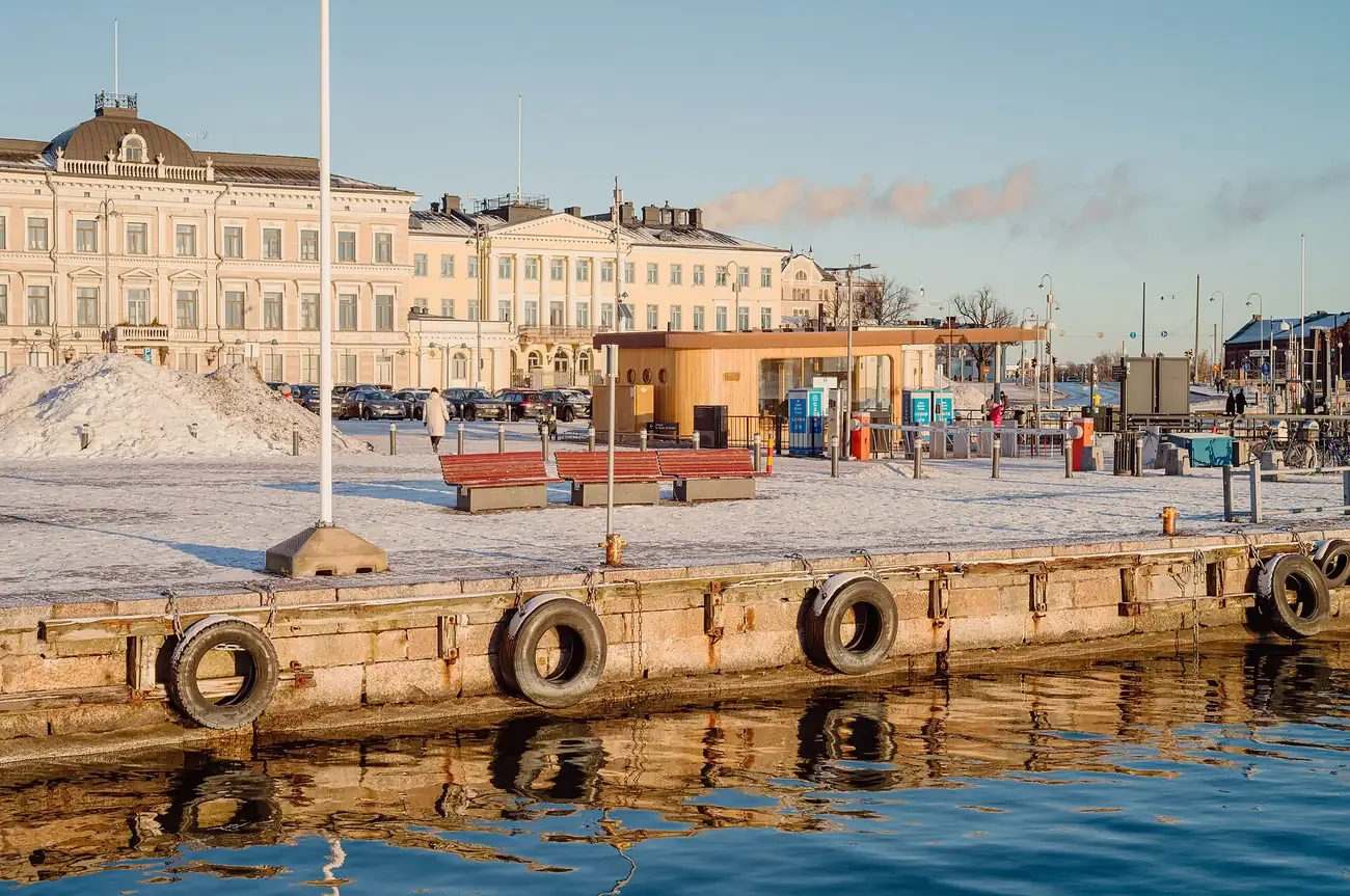 The snowy Market Square (Kauppatori) by the harbour in Helsinki in winter