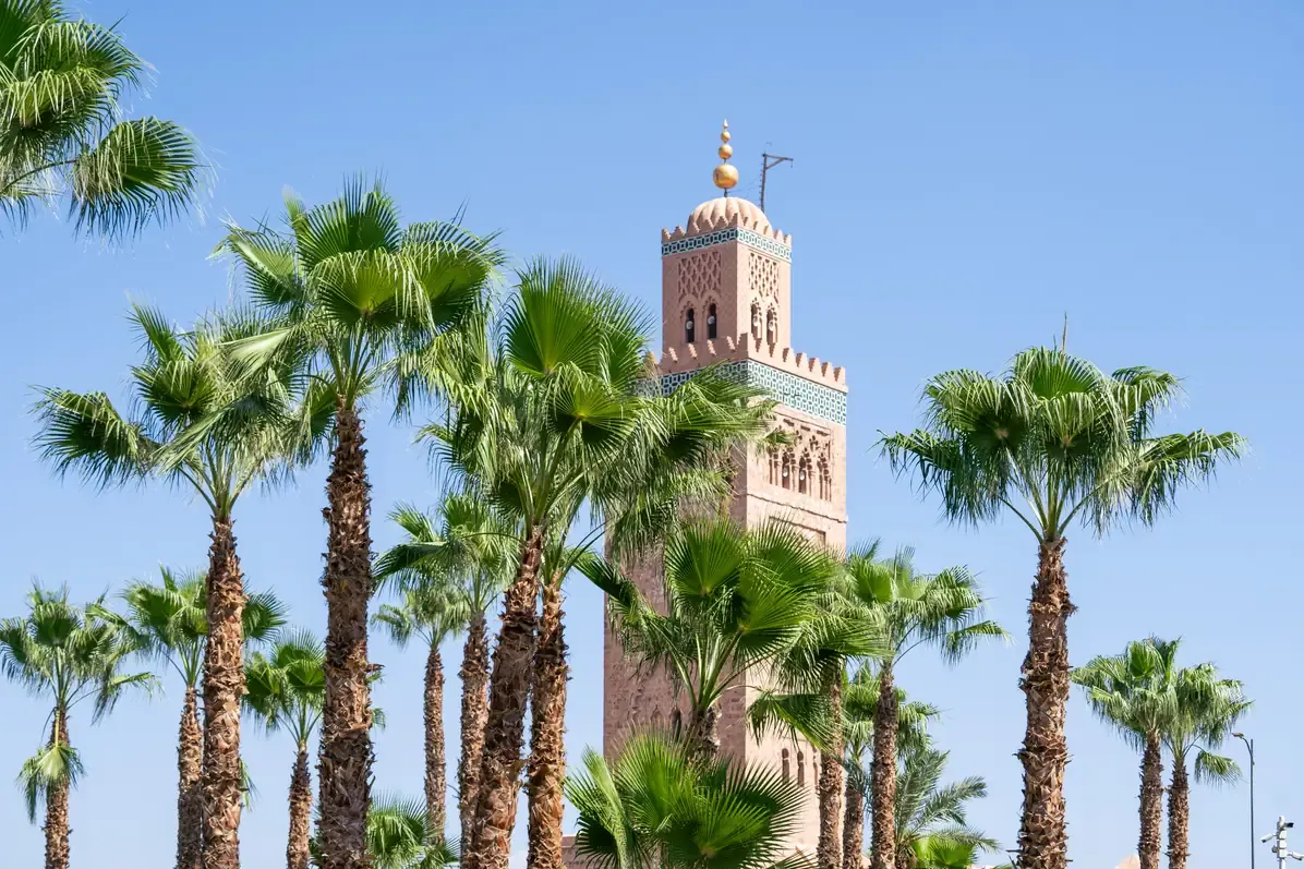 The minaret of the Koutoubia Mosque rising above palm trees in Marrakech