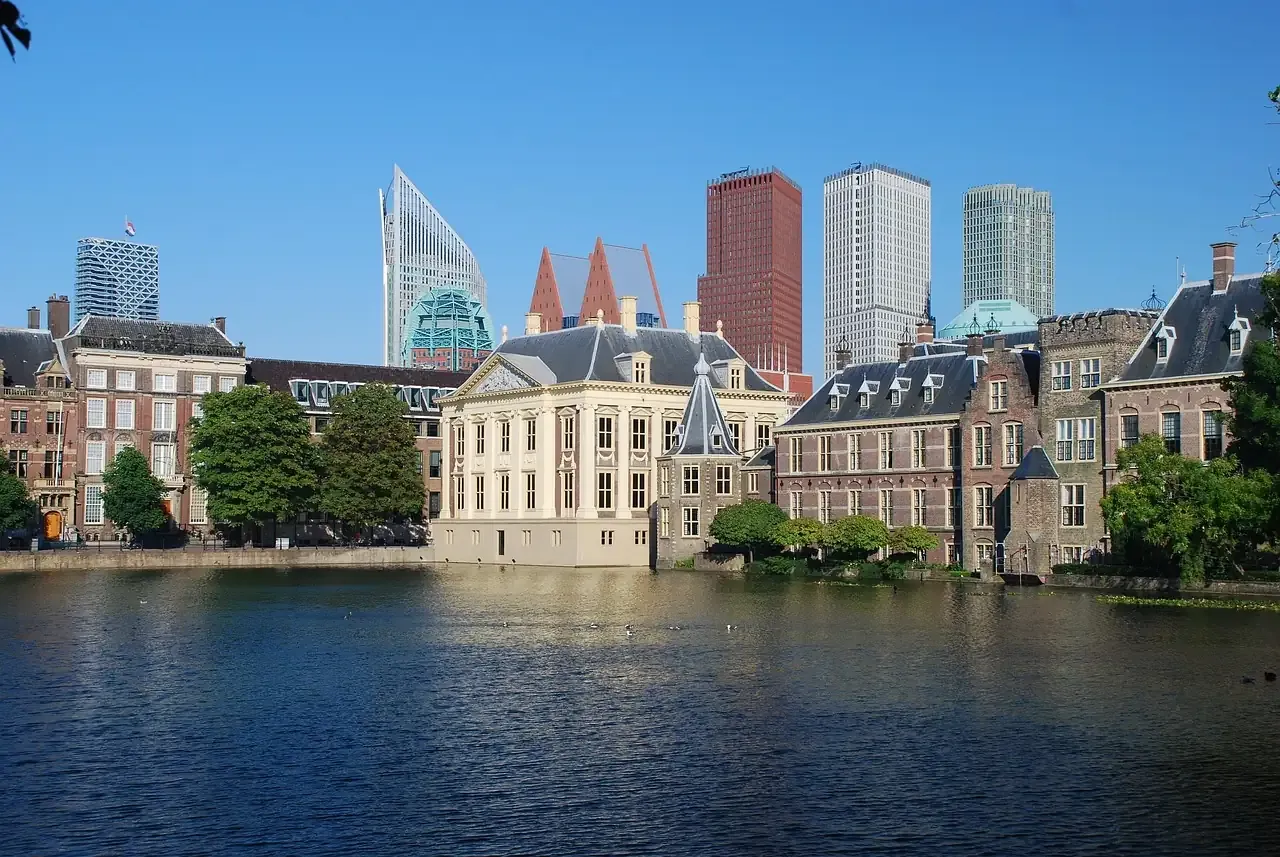 The Mauritshuis seen across the Hofvijver lake beside the Binnenhof in The Hague