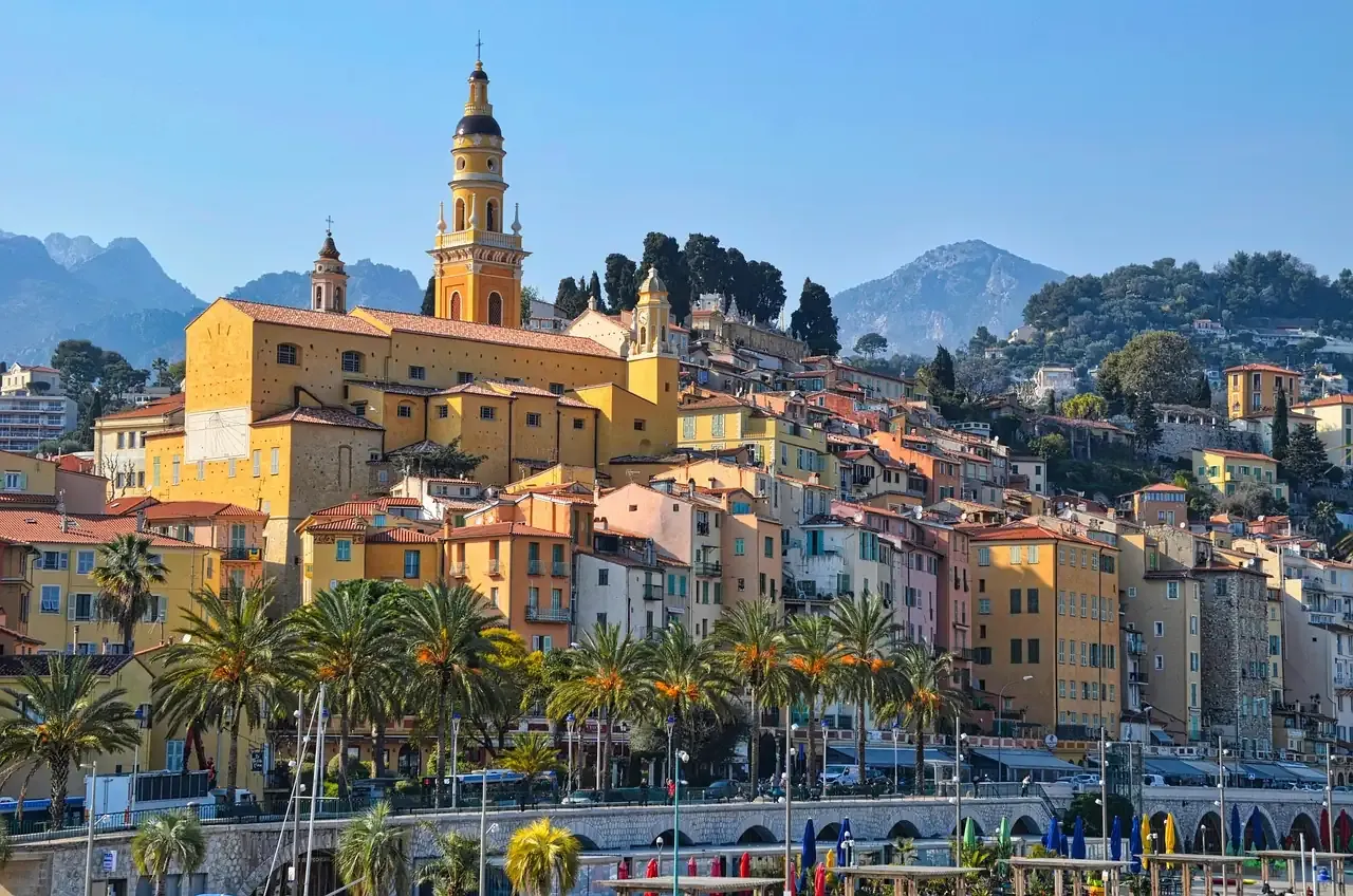 The old town of Menton stacked above the Mediterranean on the French Riviera
