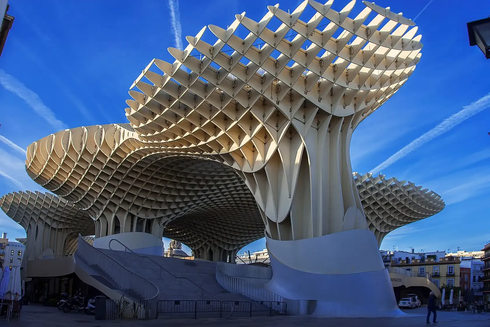 The honeycomb timber canopies of the Metropol Parasol, known as Las Setas de Sevilla, above the old town of Seville