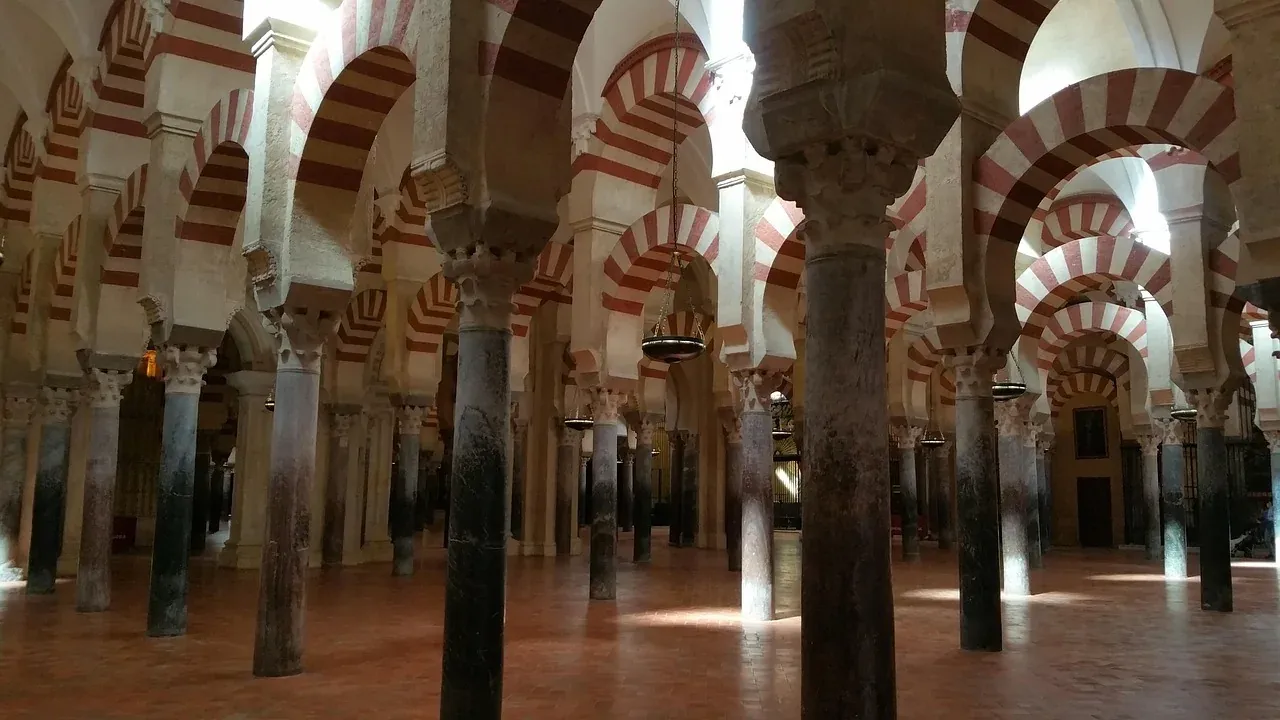 The forest of columns and horseshoe arches inside the Mosque-Cathedral of Cordoba