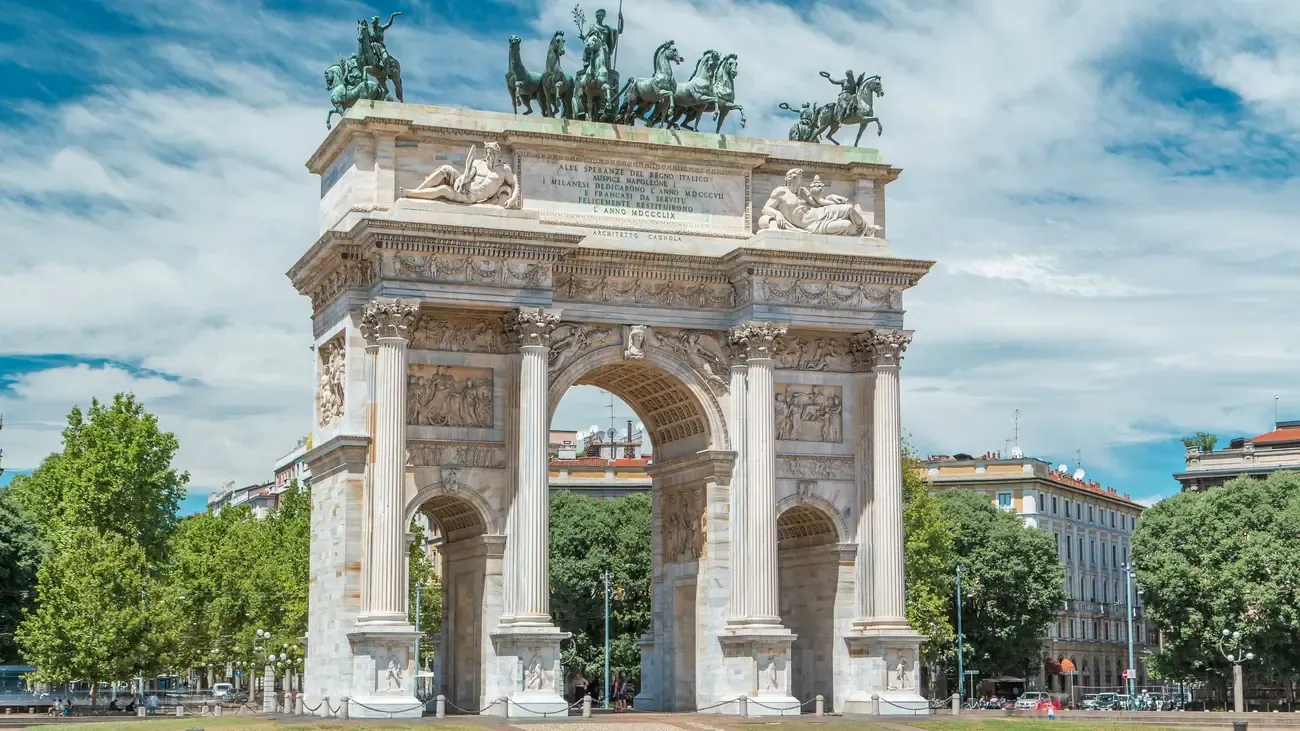 The neoclassical Arco della Pace in Piazza Sempione, Milan