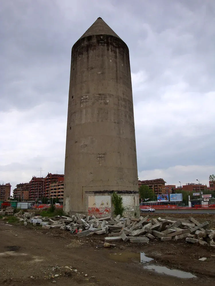 The conical concrete wartime air-raid shelter tower in the Via Adriano area of Milan