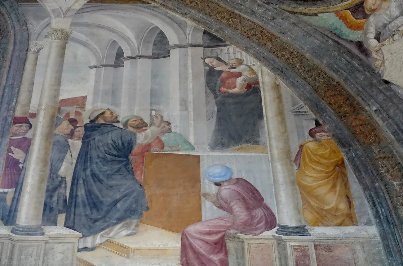Fresco in the Portinari Chapel of Sant'Eustorgio in Milan showing Saint Peter Martyr raising the host before the horned false Madonna and Child