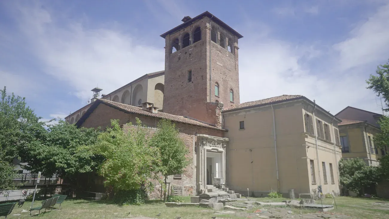 The surviving tower of the Roman circus of Milan beside the Civic Archaeological Museum and the garden with ancient ruins