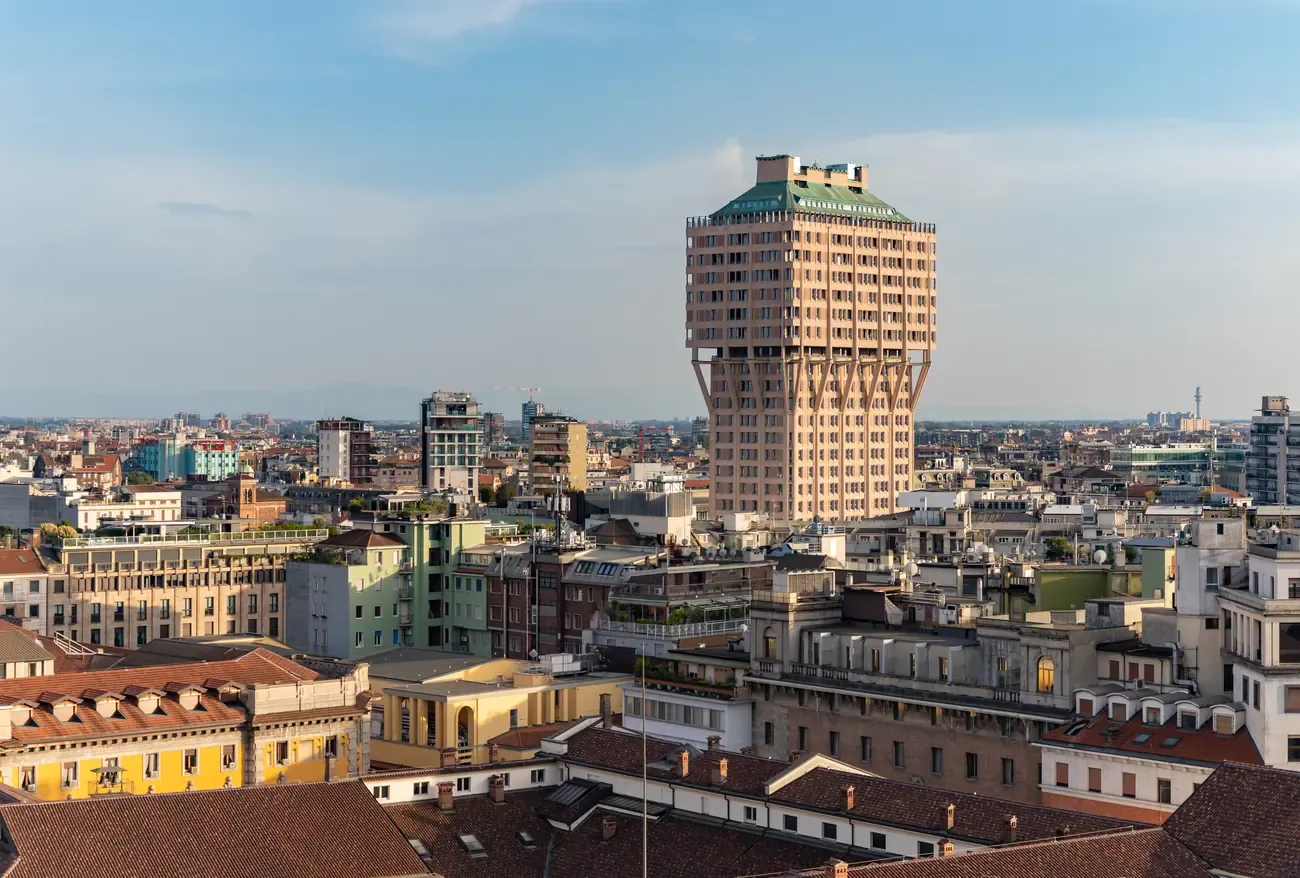The Velasca Tower rising above the rooftops of Milan