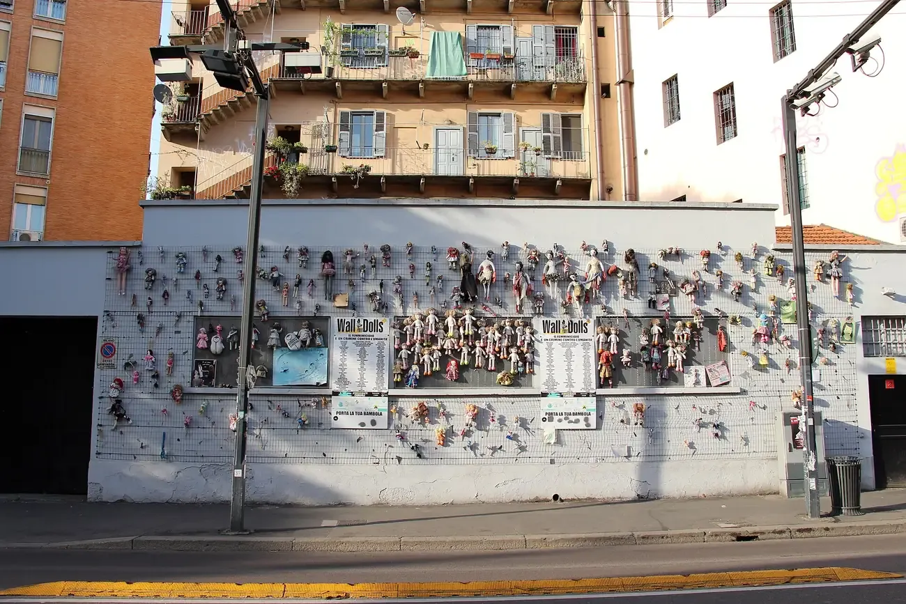 The Wall of Dolls in Milan, a street wall covered with dolls and plaques protesting violence against women