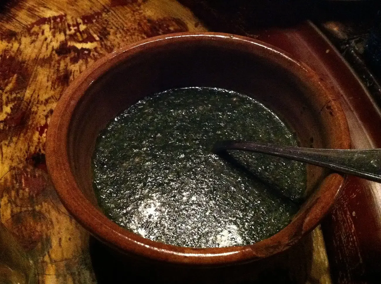 A bowl of molokhia, the Egyptian jute-leaf stew