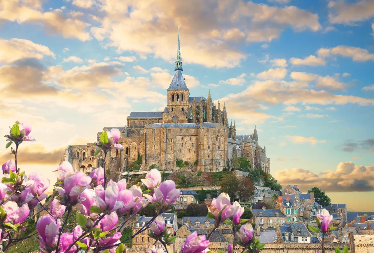 Mont Saint-Michel abbey seen beyond spring blossoms, Normandy, France
