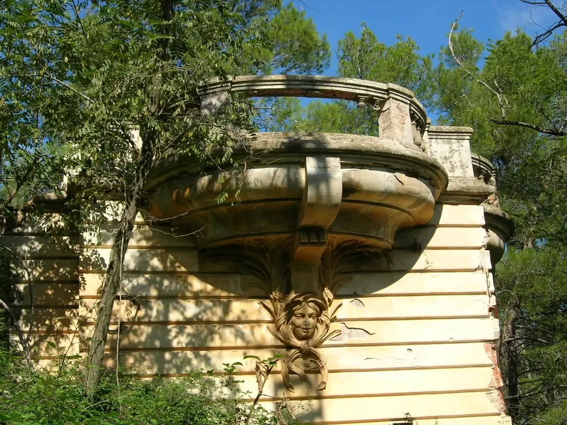 Balcony turret among the ruins of the Rabassada casino in Collserola