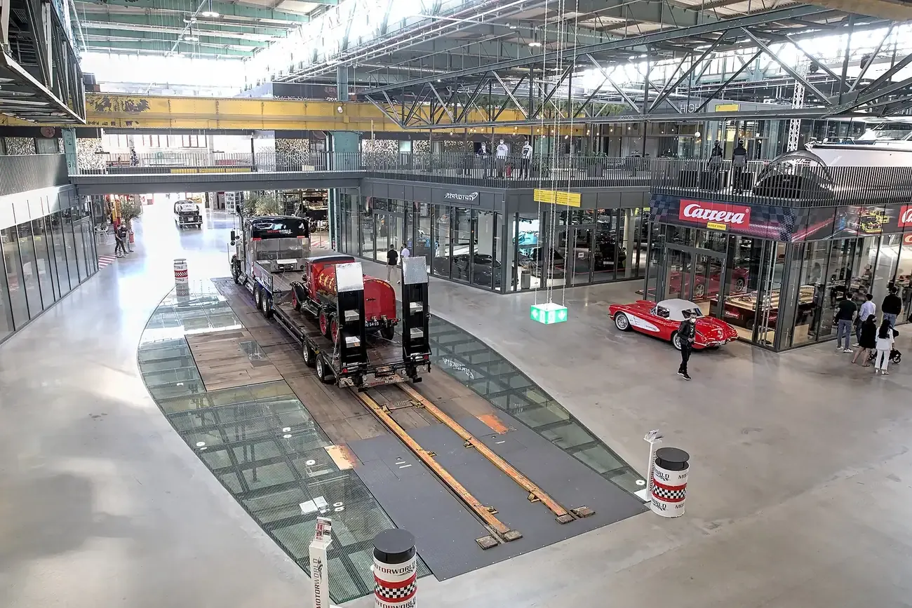 Inside the historic hall of Motorworld München in Freimann