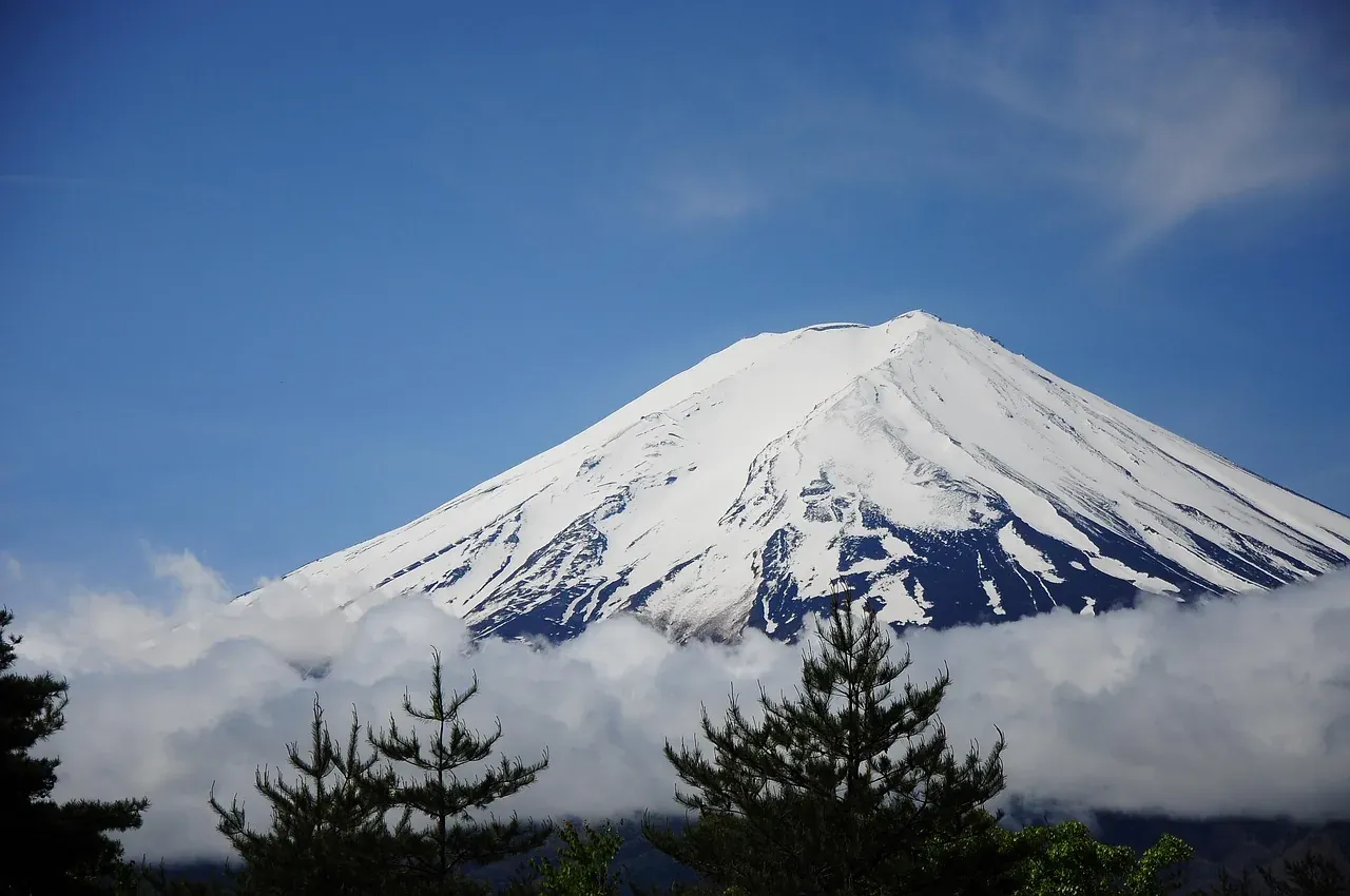 The snow-capped cone of Mount Fuji above the treeline in Honshu
