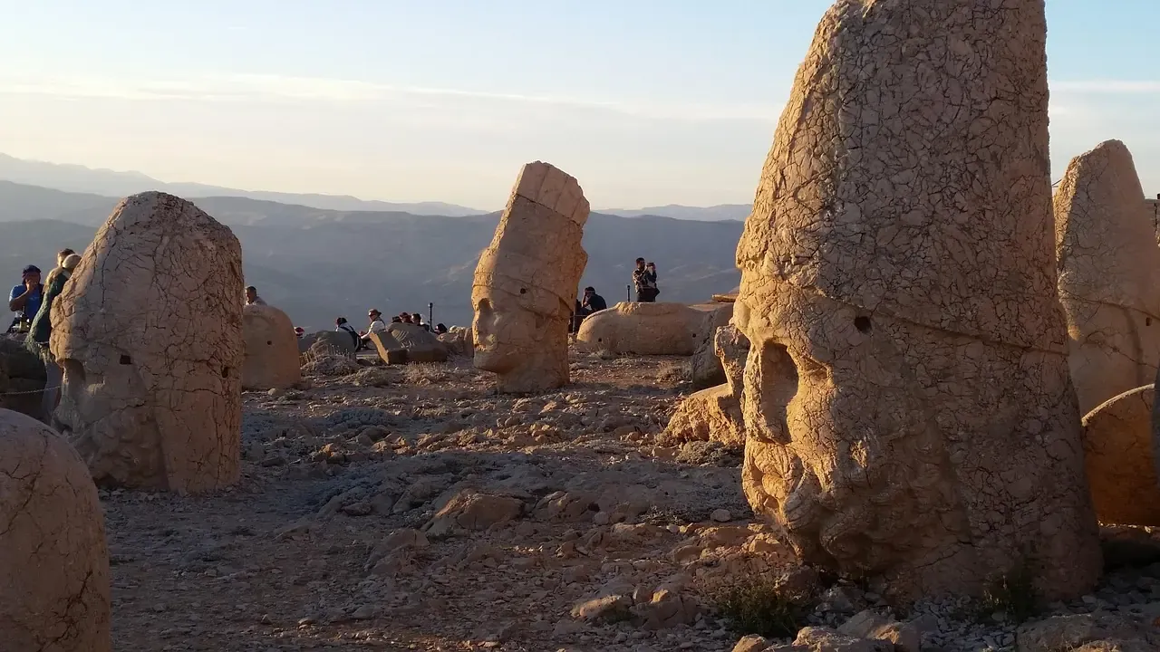 Colossal heads and thrones on a terrace of Mount Nemrut in Adiyaman province
