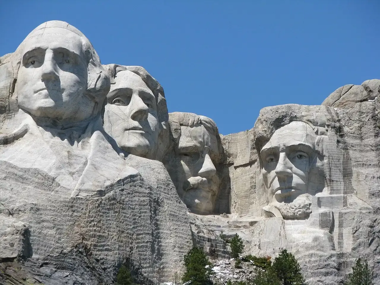 The four carved presidential heads of Mount Rushmore in South Dakota