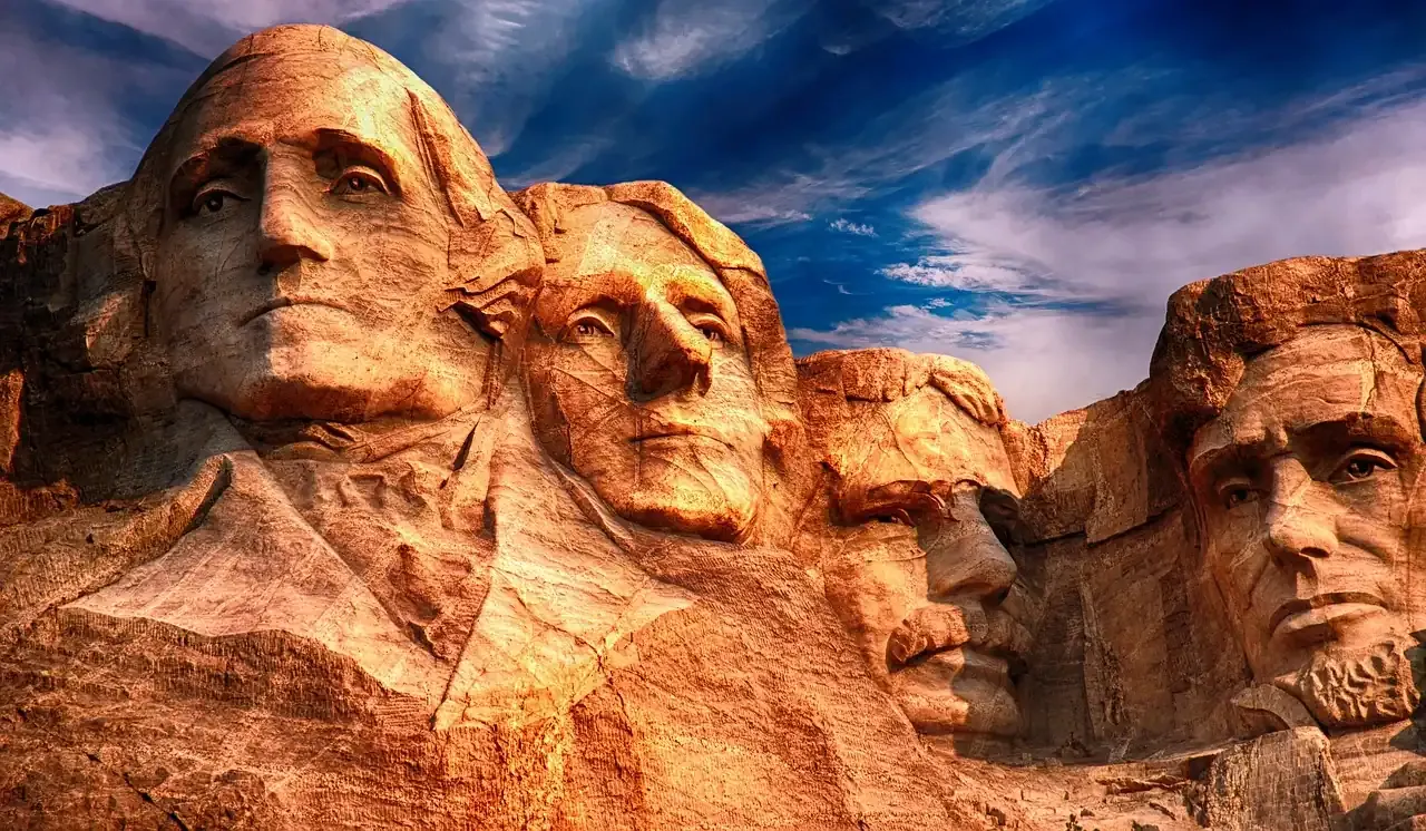 Mount Rushmore lit by warm evening light in South Dakota