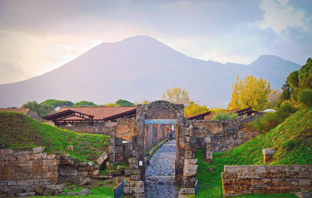Mount Vesuvius across the bay, seen from the Pompeii archaeological site