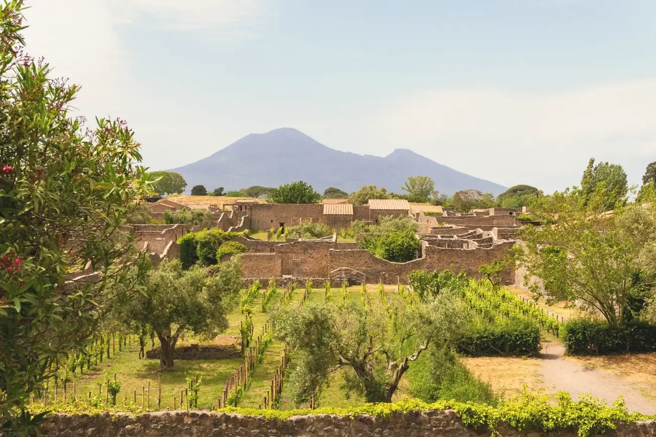 Mount Vesuvius rising beyond green agricultural fields