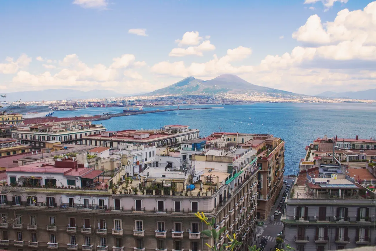 Mount Vesuvius skyline view from the rooftops of Naples