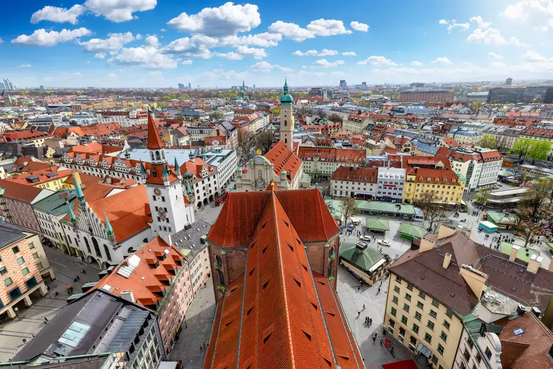 Aerial view of Munich's Marienplatz with the Frauenkirche towers in the background