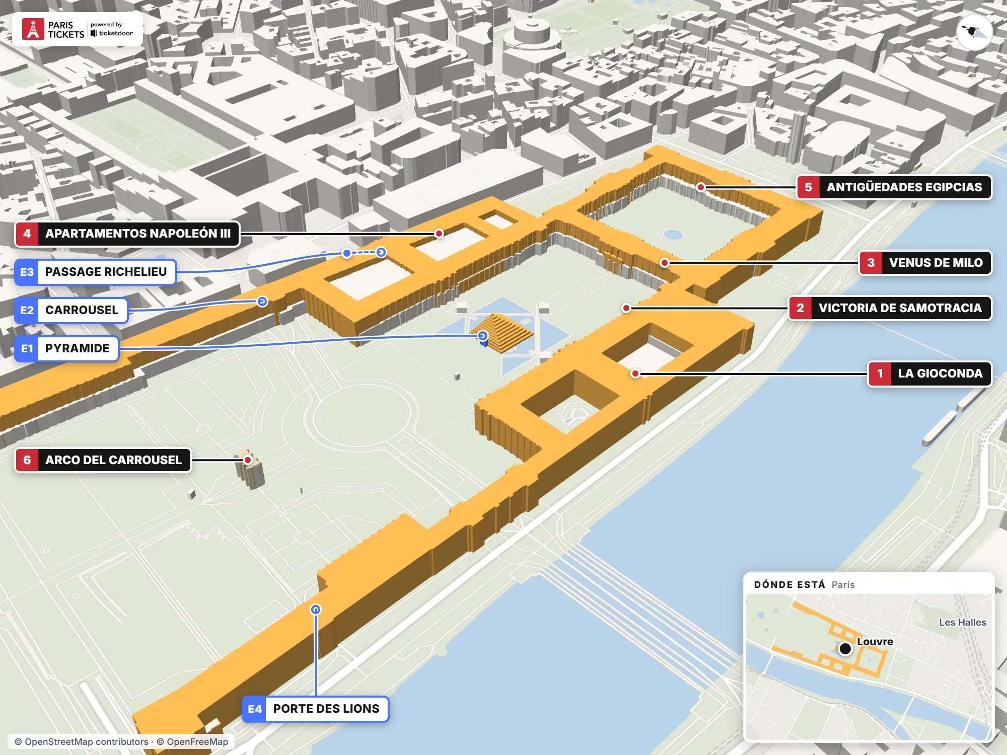 Mapa 3D del Museo del Louvre en París con las entradas y los puntos de interés numerados