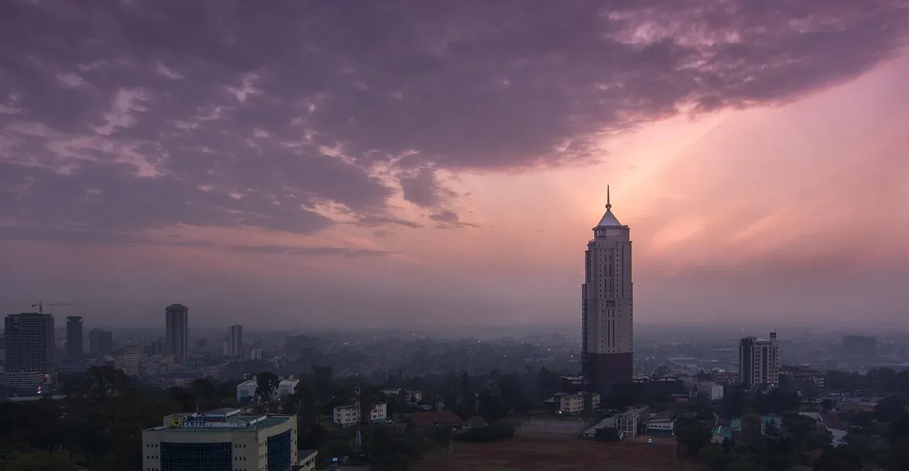 The skyline of Nairobi under a stormy evening sky, Kenya