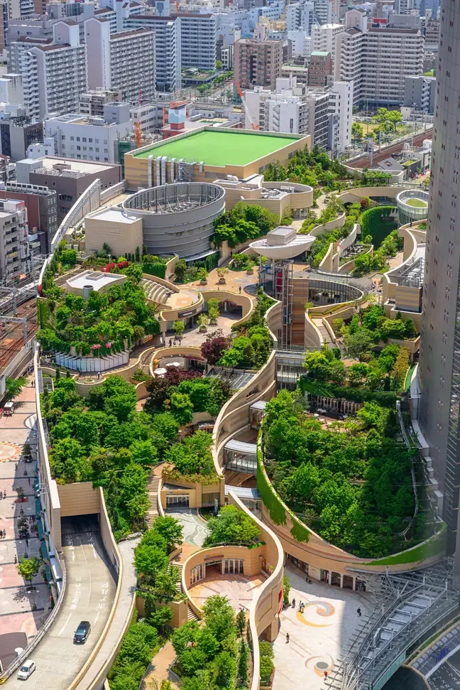 Aerial view of the green terraced Namba Parks building, Osaka