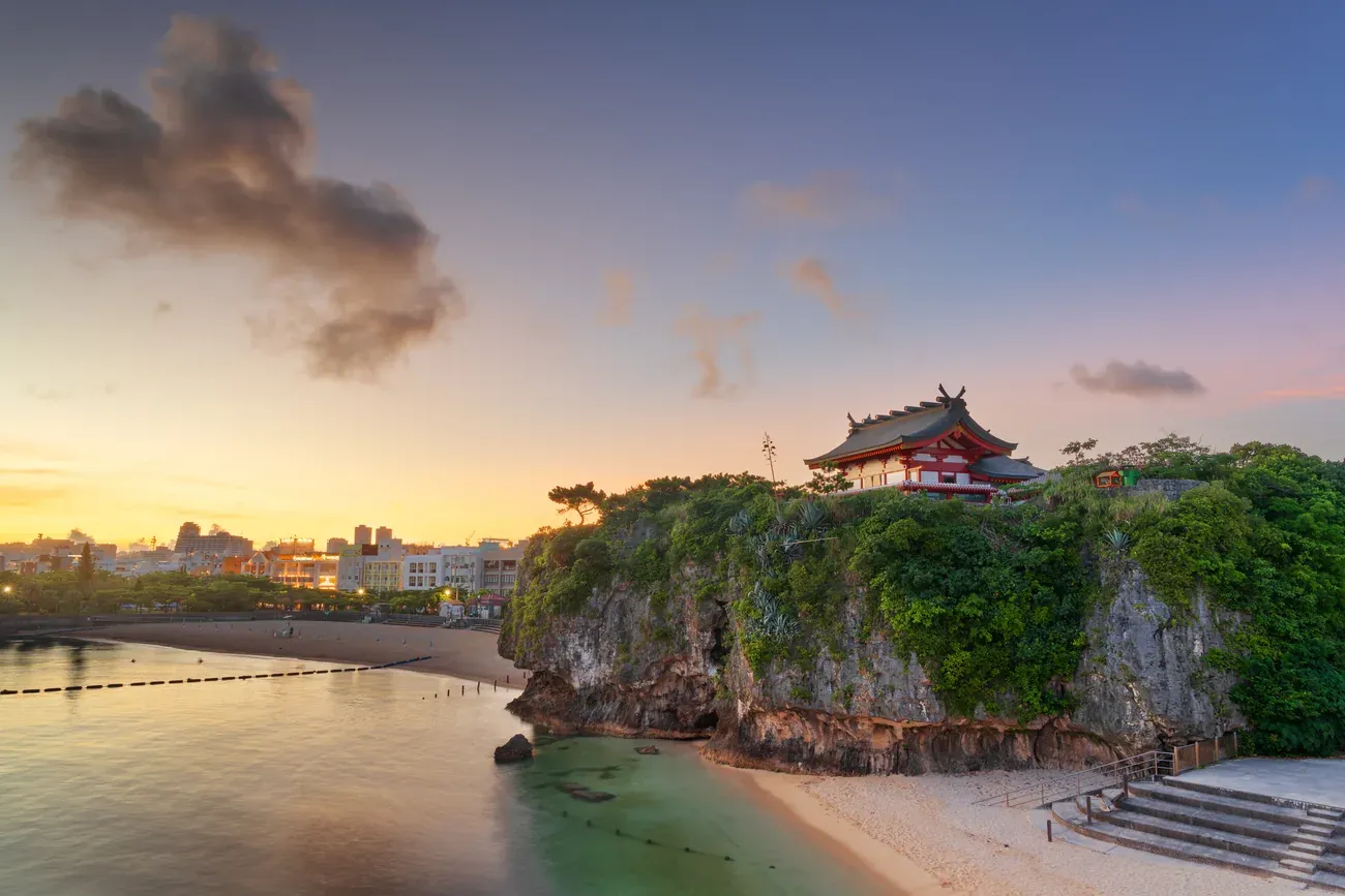 The Naminoue Shrine on a cliff above the beach at dawn, Naha, Okinawa