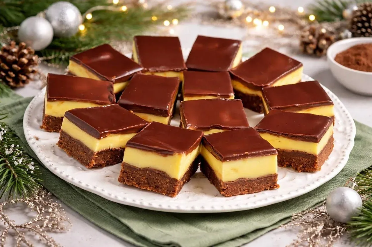 Nanaimo bars cut into squares showing the crumb base, custard and chocolate layers