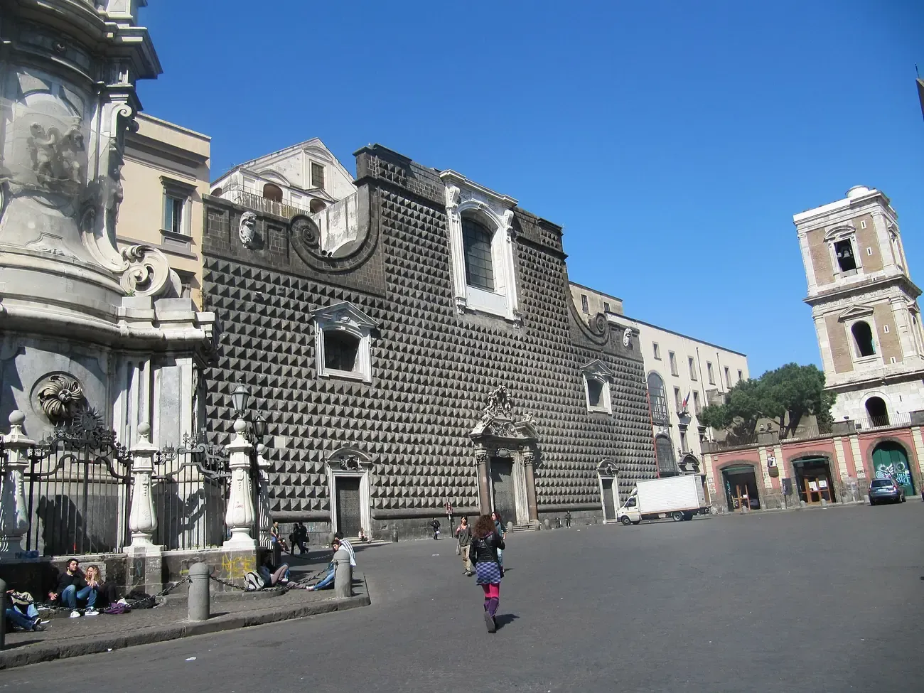 The diamond-point rusticated stone facade of the Chiesa del Gesù Nuovo on Piazza del Gesù Nuovo in Naples